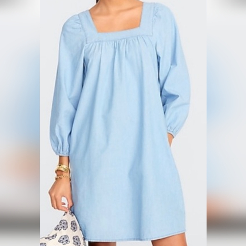 J CREW SQUARE NECK CHAMBRAY COTTAGE CORE SHIFT DRESS Size X SMALL